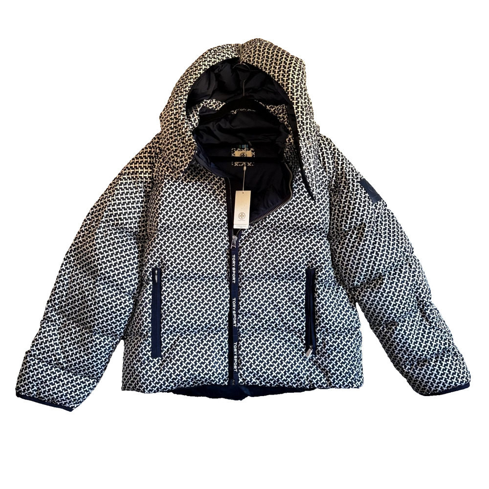Tory Burch Sport XL Cropped Performance Satin Diagonal T Down Puffer Jacket NWT